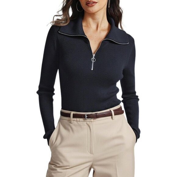 Sweaters - Women's Ribbed Knit Quarter-Zip Sweater Slim Fit Casual Business Winter Top
